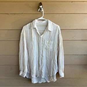 Mustard Seed Beige and White Striped Collared Button Down Shirt Size M